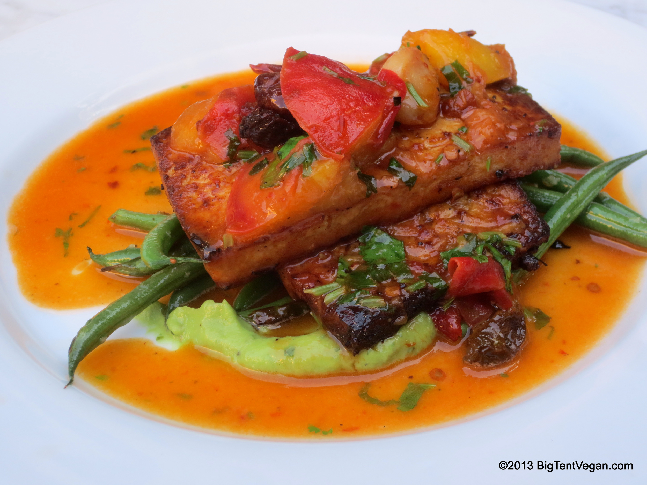 Chipotle Peach Tofu and Tempeh with Haricot Verts, Chef Makini Howell, Plum Bistro (Seattle, WA)
