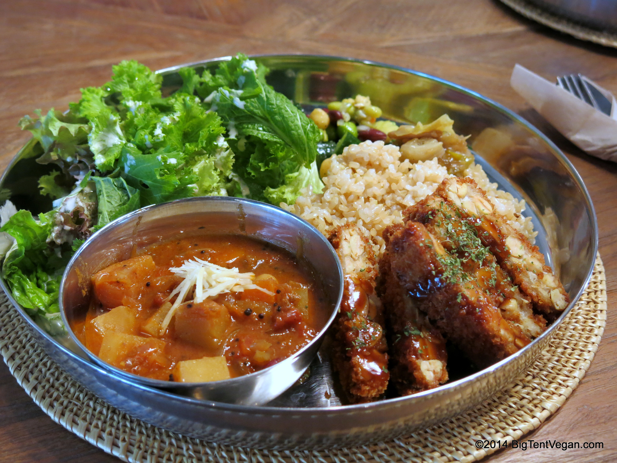 Curry and Rice with Deep Fried Tempeh (that's finely chopped ginger on top of the curry, not parmesan cheese!)