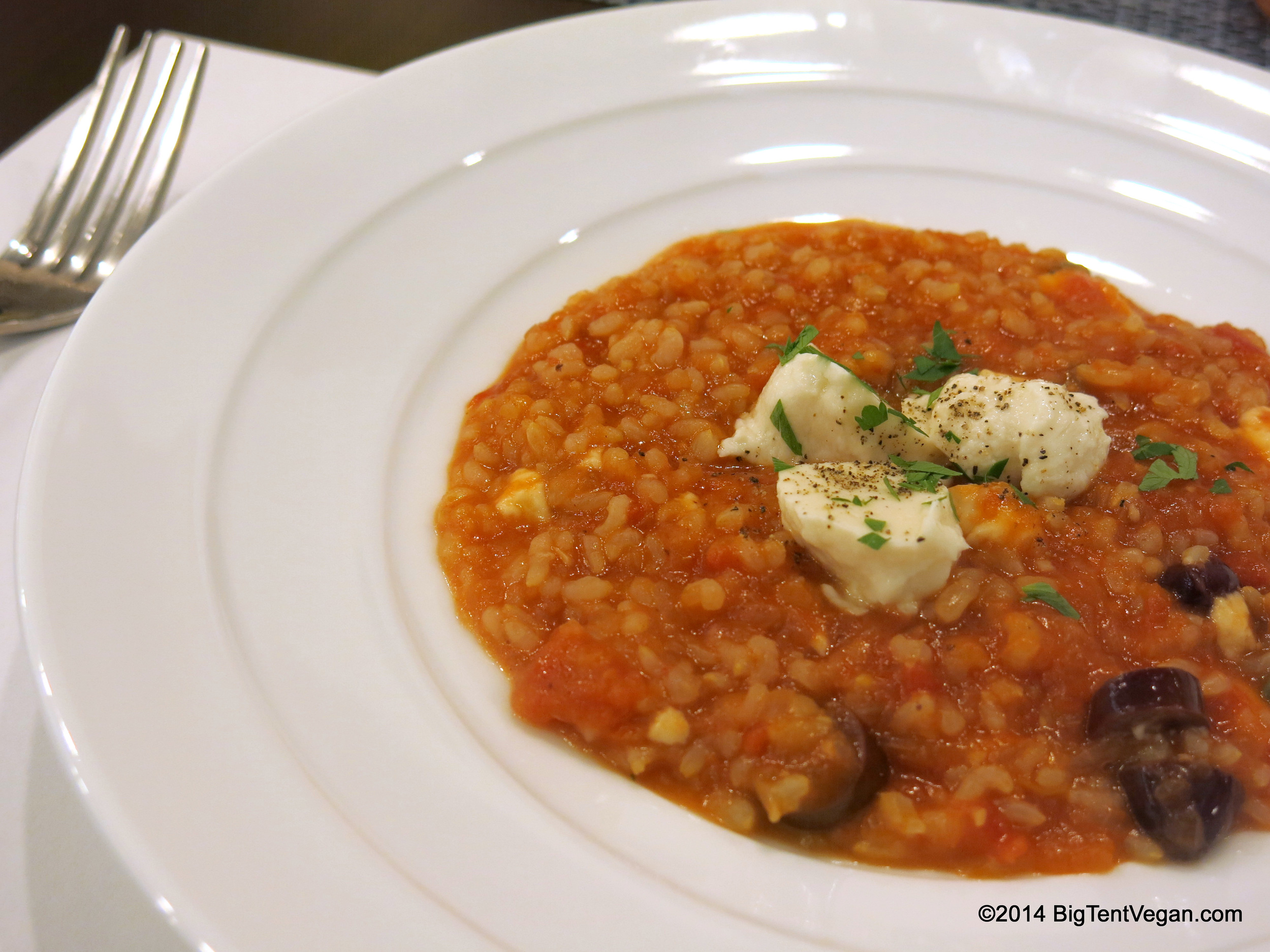 Organic Brown Rice Mushroom Tomato Risotto topped with Vegan Mozzarella