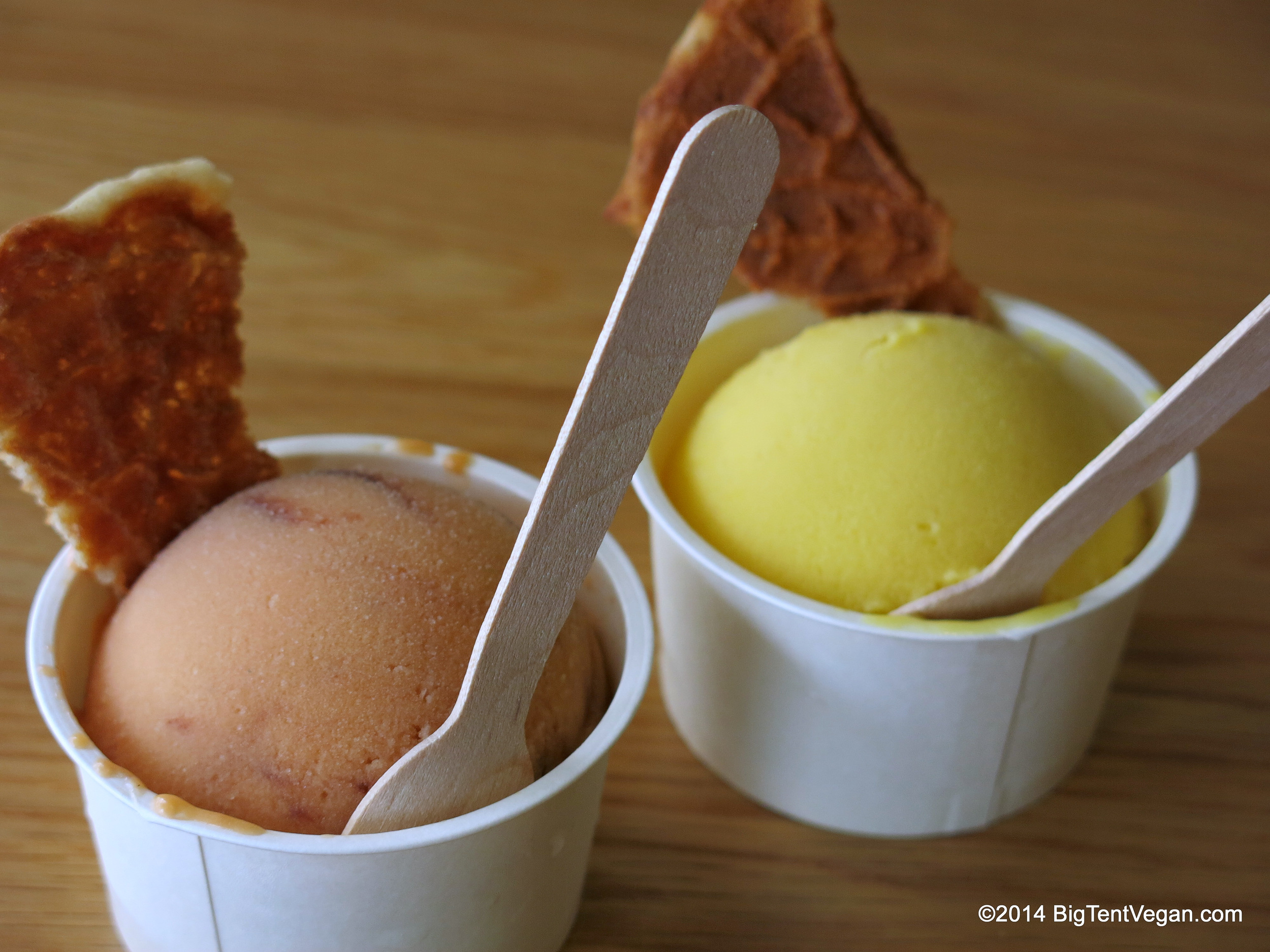Domani Tomato Ice Cream and Mango Ice Cream made from organic brown rice milk at Mihane Ice ( 100% vegan café and ice cream parlor) in Tokyo, Japan