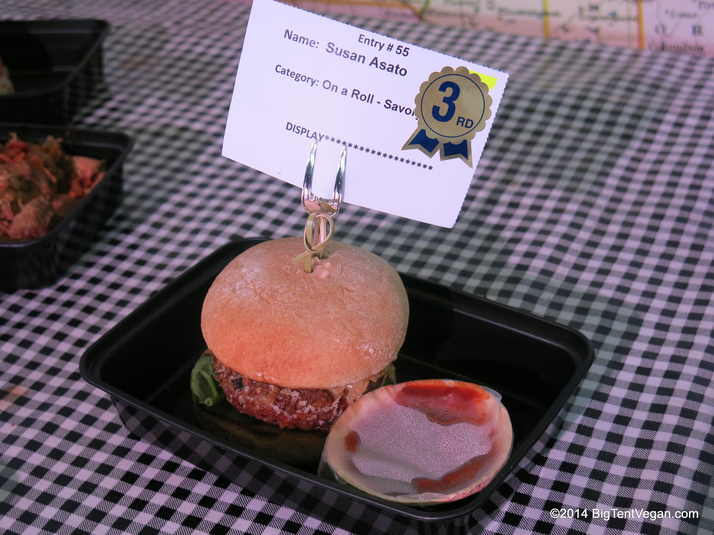 Vegan Mushroom Pecan Burger with Caramelized Balsamic Onions, 3rd Place, 2014 Orange County Fair, Fairtastic Foods Competition ("On A Roll")