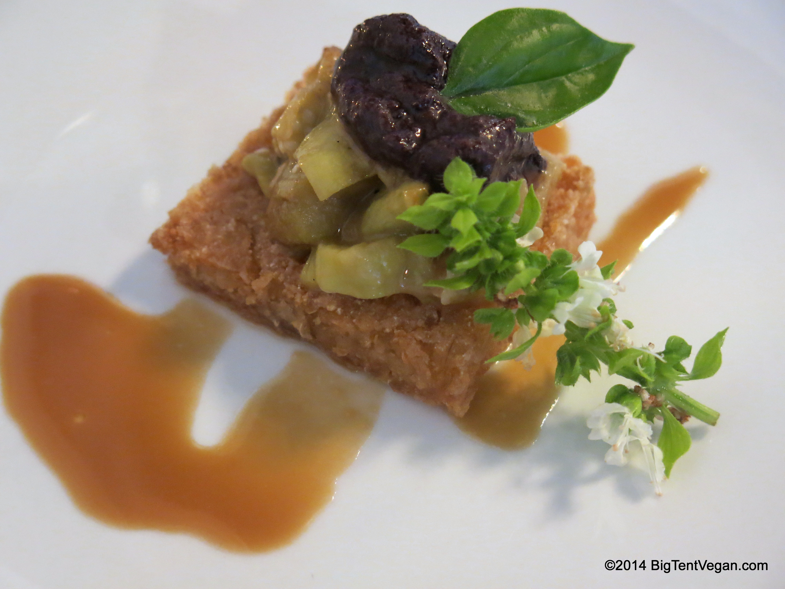 Course Two: "Nasu" Crispy Rice with Goma-Miso Eggplant, Olive Paste, and Fresh Basil Flowers