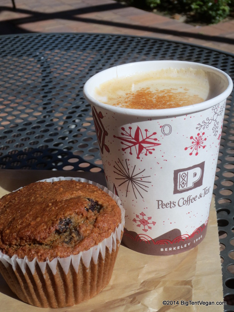 Cinnamon Hazelnut Latte (request almond milk) and Vegan Blueberry Oat Bran Muffin from Peet's Coffee and Tea