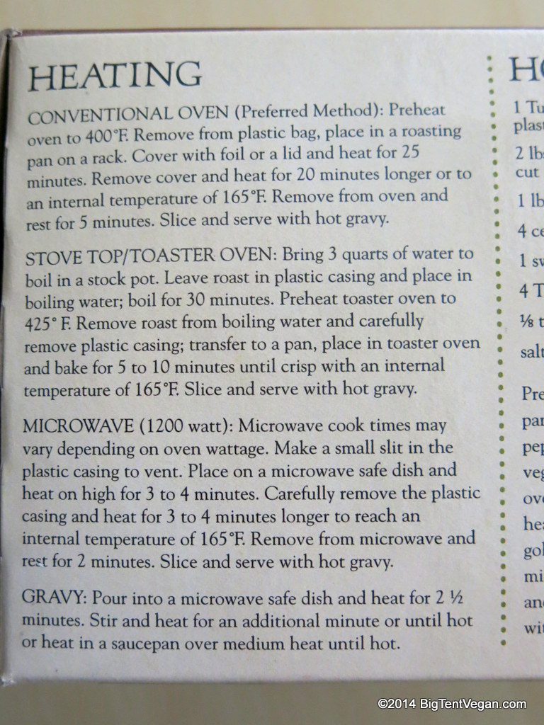 Heating instructions for Trader Joe's 2014 Vegan Turkey-less Stuffed Roast...so easy!