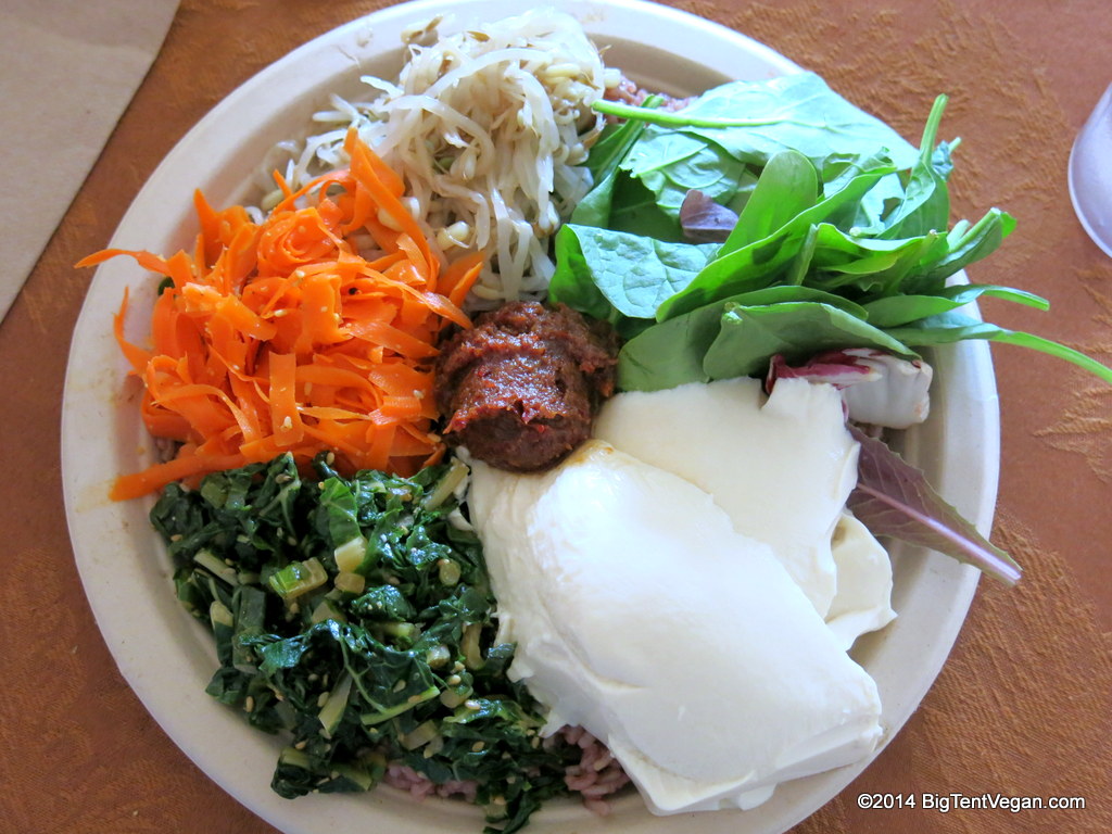 Peace Cafe (Honolulu, HI, USA) Shown here is the Heart and Seoul Bibimbap with fresh tofu. They even have vegan spam musubi for kamaainas.