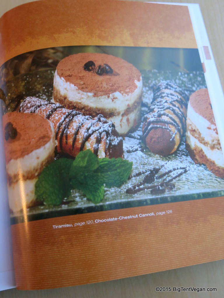 Page 119 from Artisan Vegan Cheese cookbook showing vegan Tiramisu and Vegan Chocolate Chestnut Cannoli