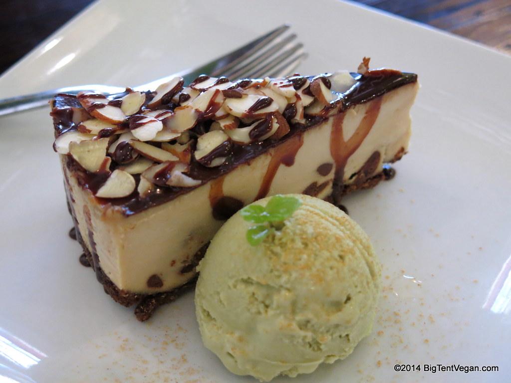 Chocolate Cheesecake with Green Tea Ice Cream from Vegilicious! You can get any flavor ice cream you want (Strawberry, Coconut, Tiramisu, Plum, or Green Tea), but this is one of our favorites.