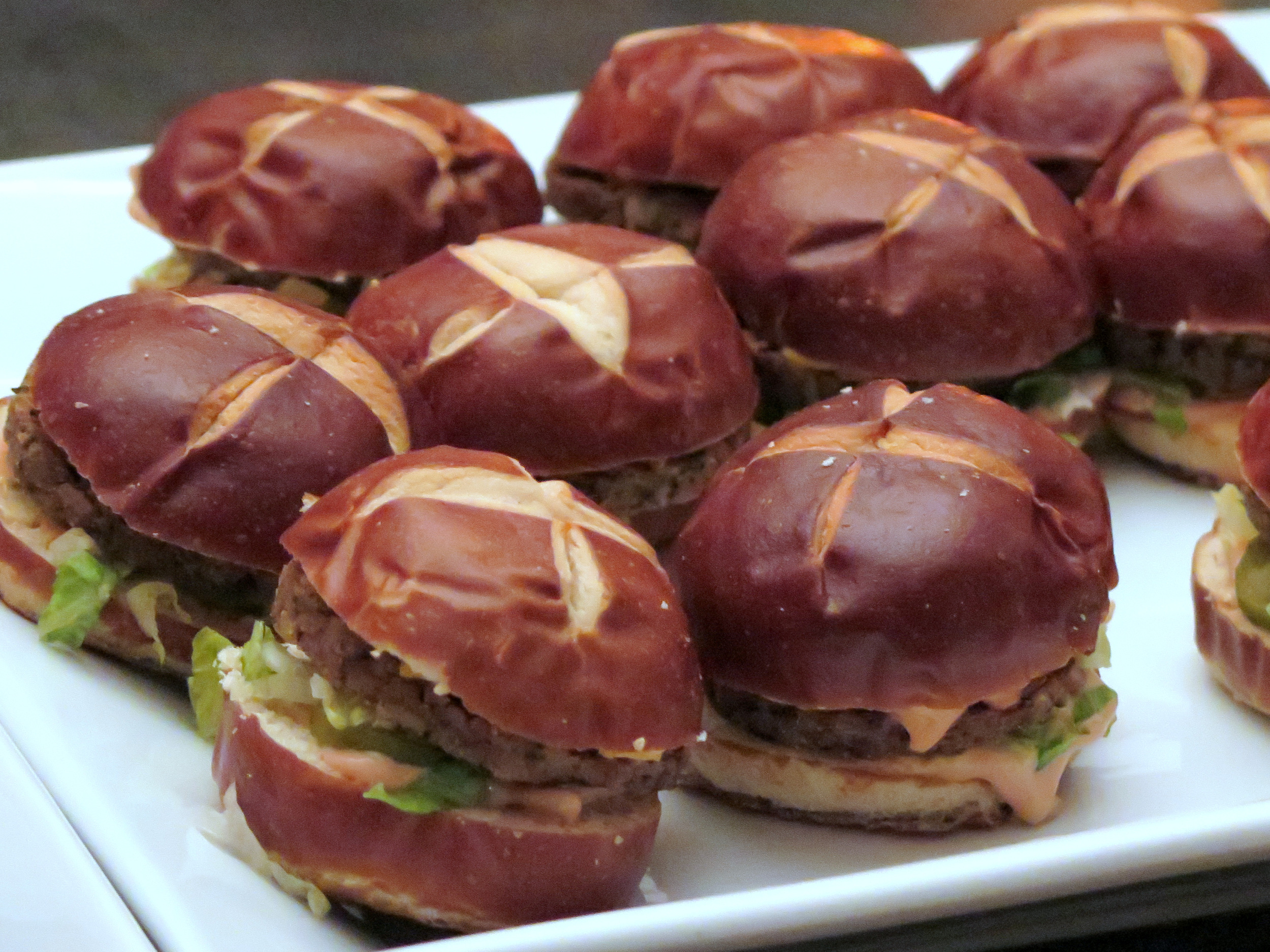 "Big Maque" Sliders by Chef Dave Anderson of (the opening soon) Fresh Soul Restaurant...a cruelty-free no-beef patty, special sauce, lettuce, cheese, pickles, onions on a pretzel bun! 