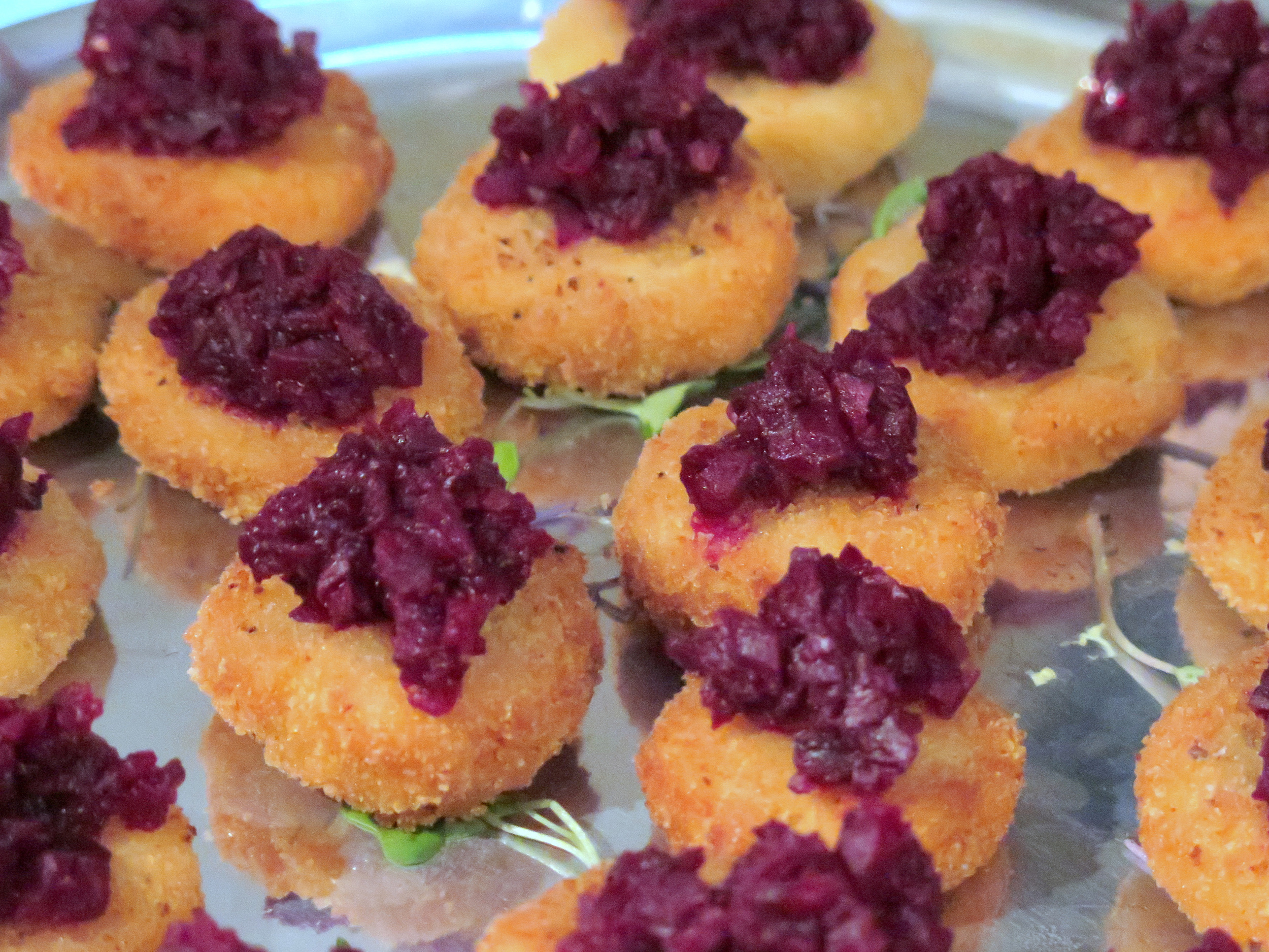 A close second to the blini, in Ryan's opinion -- tofu cheese croutons with beet tartare.