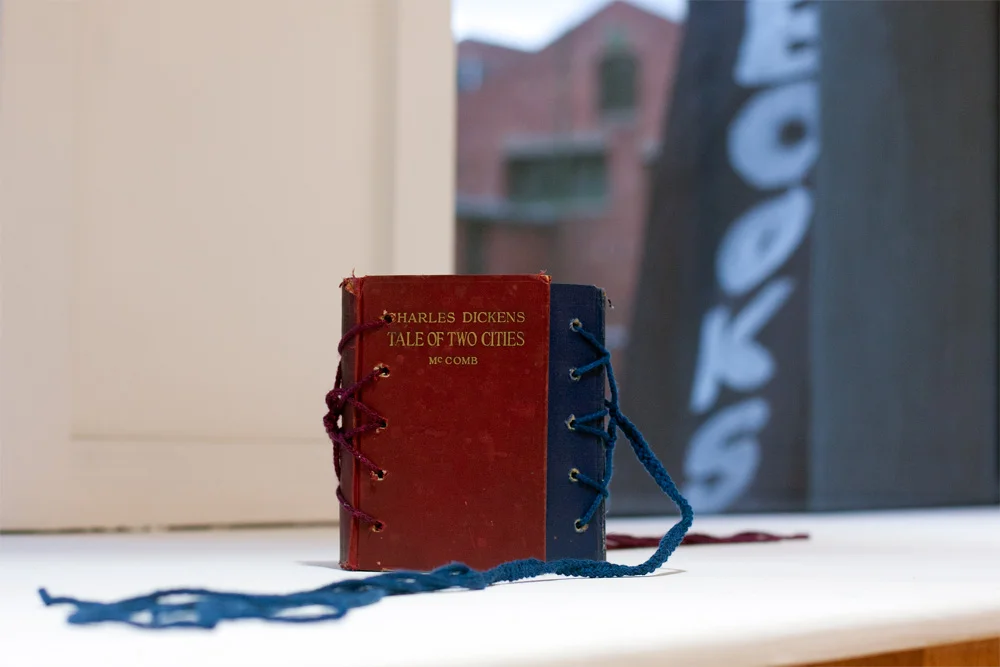 A tale of two forces (it was the friction that brought them together, it was the tension that threatened to tear them asunder) Artist’s book: A Tale of Two Cities (Ward Lock, 1928), A Tale of Two Cities (Lyons & Carnahan, 1934), ink,
hand dyed & knit wool. 2012. Created for the What are words worth anyway? exhibition at nono gallery.