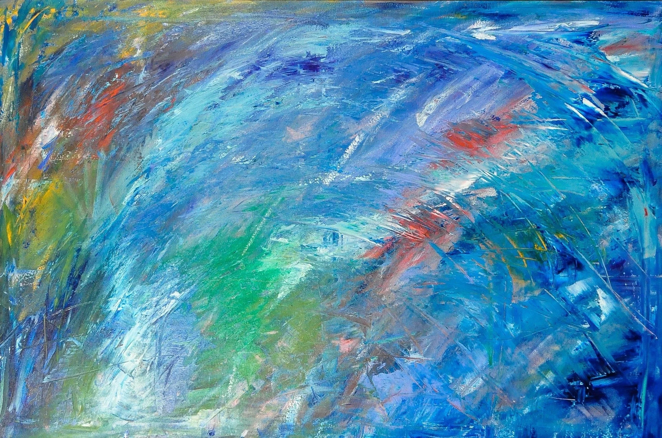 Original Abstract Acrylic Wall Art Painting on Canvas by Erika Rachel Bianconi - Blue, White, Red, Yellow, Orange, Green, Purple - Available For Sale, Acquisition, and Collecting