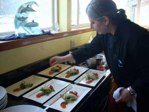 Plating halibut cheeks for Alaska Seafood Marketing Institute dinner (2010)