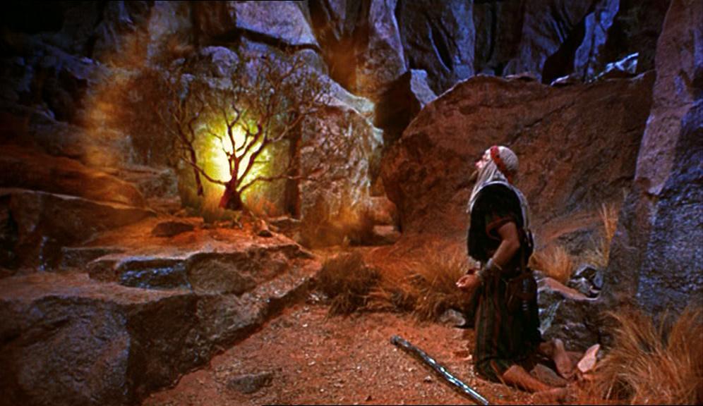 Charlton Heston's Moses pays solemn deference to God in the Burning Bush in DeMille's The Ten Commandments. Even though the Bush is comparatively wimpy (compared to other Bible movies), Chuck's hair as a result of this interaction becomes become enormous!