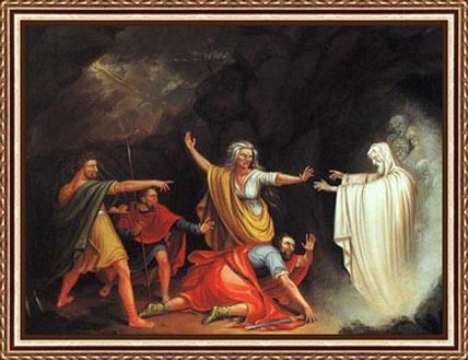 I love this version; you can't tell if the witch is summoning Samuel's ghost or protecting poor Saul from the ghost's endlessly bitter recriminations.