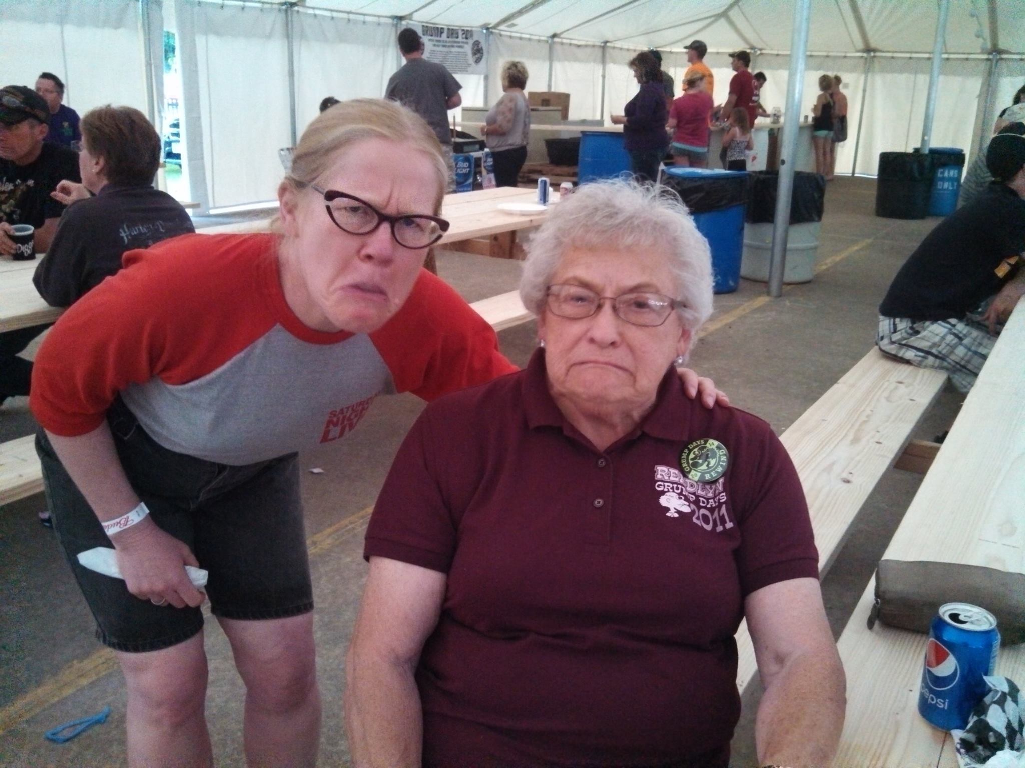 Readlyn, Iowa's 2014 "Grump of the Year" Jean Buenzow and I doing our imitation of many a New Year's visage....