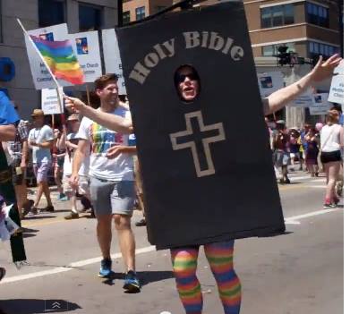It was amazing (and hopeful) that just about the whole crowd was THRILLED the dancing Bible was part of the 2014 Pride....