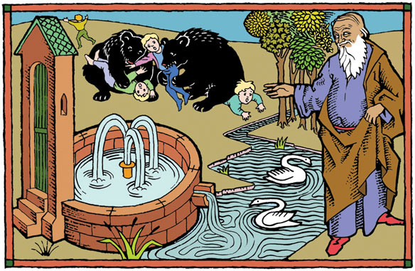 Elisha heals the poisoned waters of Jericho just before he sicks she-bears on children. How's that for a darkly humorous contrast?