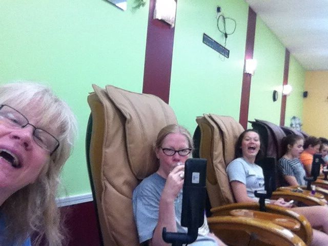 This luddite's whole tech team: nieces Lucy and Gaby are to my right, and their co-producer (ie mom) Clone (ie Nancy) is to my left. Here it's 2013 and we're doing some group bonding over mani pedi's (the grown-ups are enjoying a little Chardonnay, too....).