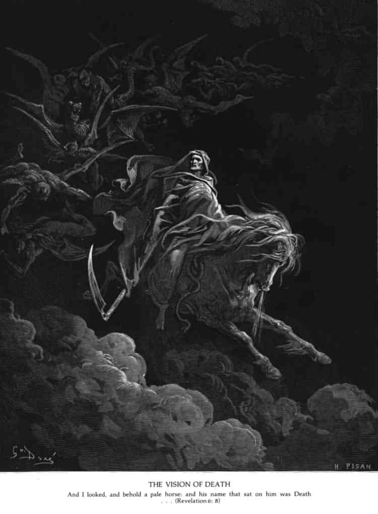 Unfortunately, I can't find a depiction of the ominous Fourth Horsemen accompanied by all his accoutrements. :(