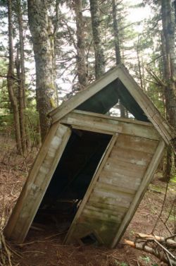 This is NOT the Voigts family outhouse, but it leaned like this; and before we razed our baby, we all stood...actually leaned...in front of it for photos that still blissfully grace many a Voigts' refrigerator door.