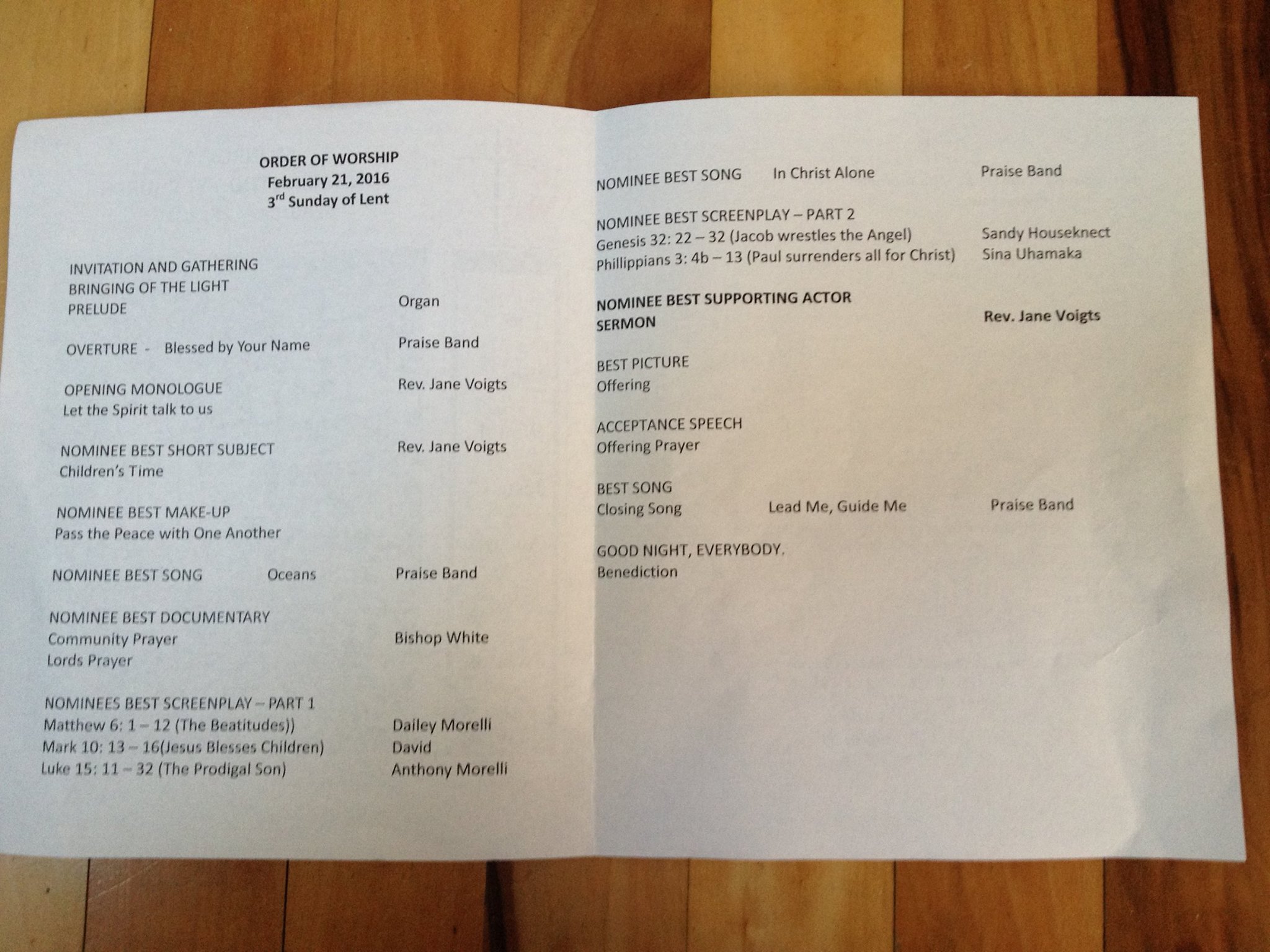 The inner pages of Sunday's bulletin!