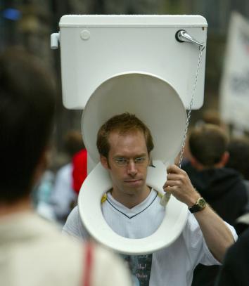 This guy wasn't part of our war protest (he's protesting the compulsion to work even when you're on the john), but it gives you an idea....