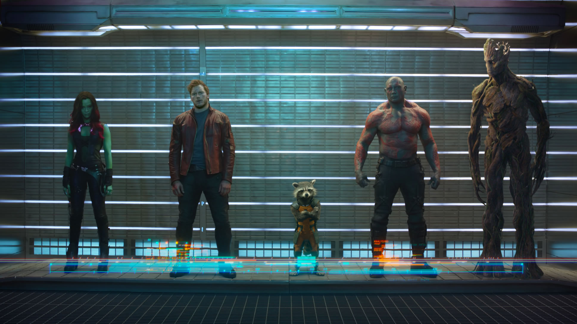 Left to right: Gamora, Peter Quill (aka "Star-Lord"), Rocket, Drax, Groot.