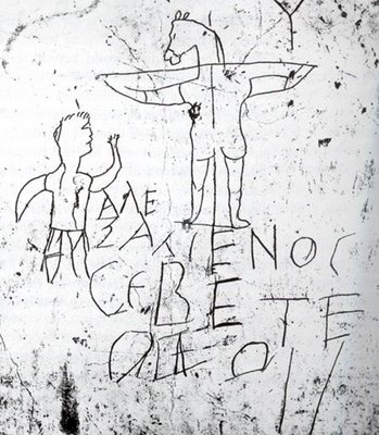 This graffiti says, "Alexamenos and his god." It's the oldest extant artwork pertaining to Christianity we've discovered, so far. (And it's not flattering or even normal....)