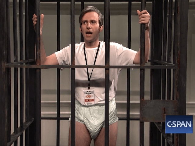 SNL's Kyle Mooney as a ghettoized CNN reporter at a Sean Spicer briefing (ha ha!). Media sources separated at birth.