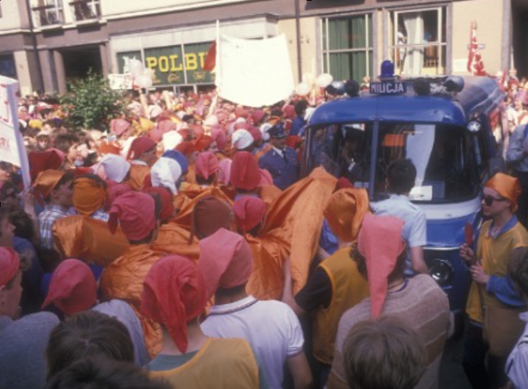"Gnomes" with orange hats became the symbol of resistance in Poland, for interesting and hilarious reasons I can't go into here. But putting on a goofy orange hat became an easy entre for otherwise timid folks to join the parade for freedom from Communist oppression in the late 1980's.