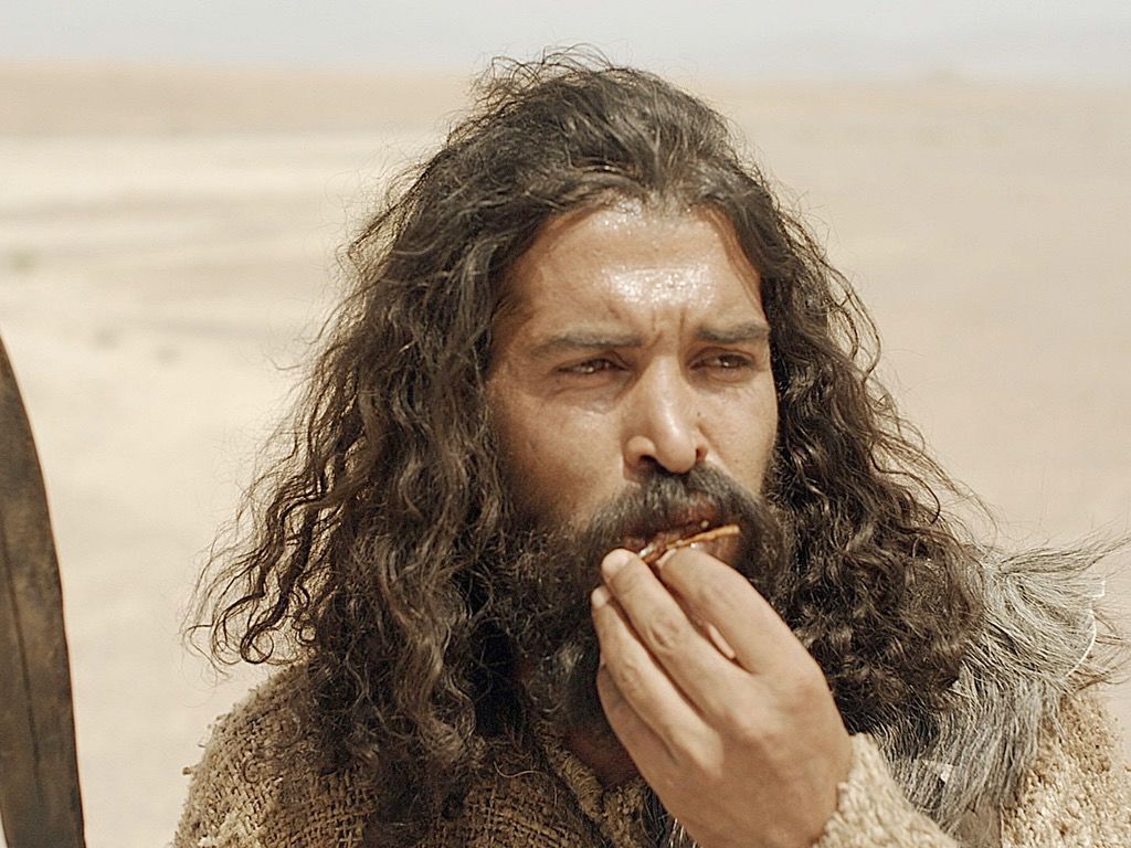 John chomping on a locust; imagine his beard matted with wild honey!