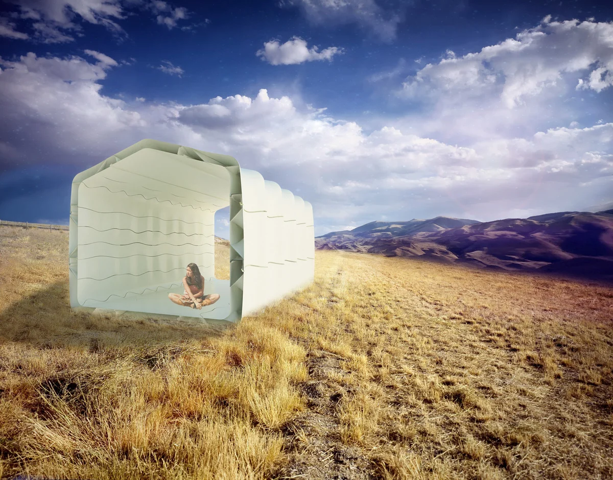 Example of a small but full scale structure that is readily printable with the S-Wall system. Rendering by Eugene Lee