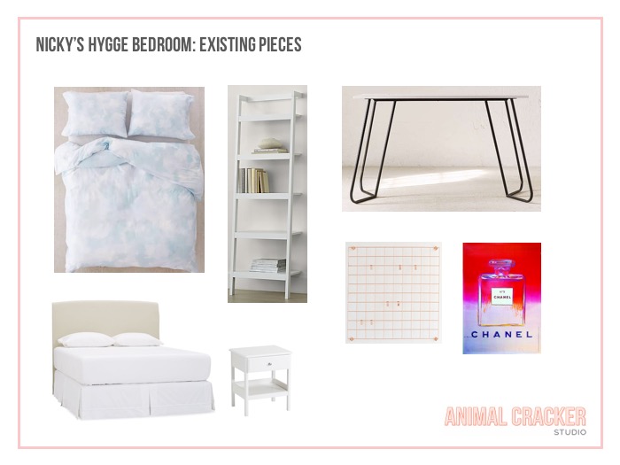 Clockwise from top left: Sheets no longer available, shelf (similar here) , desk , Warhol Chanel Print , hanging grid , nightstands (similar) , full bed (similar) .