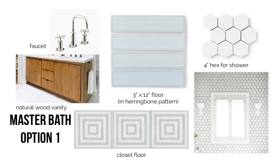 Sources: faucet , vanity (designed by Orlando Soria), blue tile , 4" hex tile , closet floor .