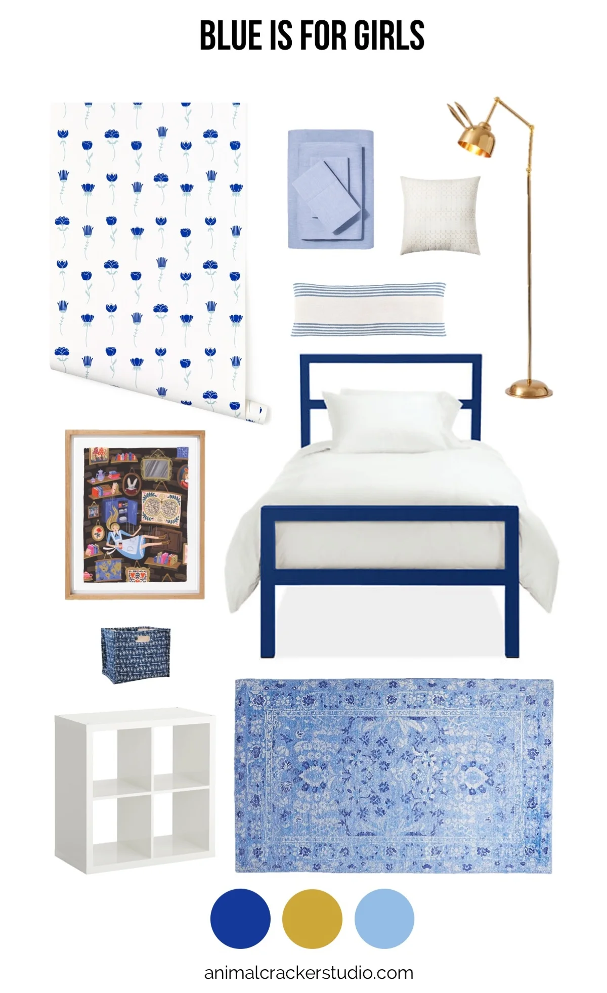 Sources: wallpaper , sheets , square eyelet pillow , boudoir pillow , lamp , bed , rug , bookshelf , similar bin , Alice Falling , frame . 