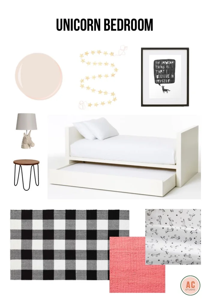 wall color / garland / unicorn print / frame / day bed with trundle / unicorn sheets / pink quilt / rug / night stand / unicorn lamp 