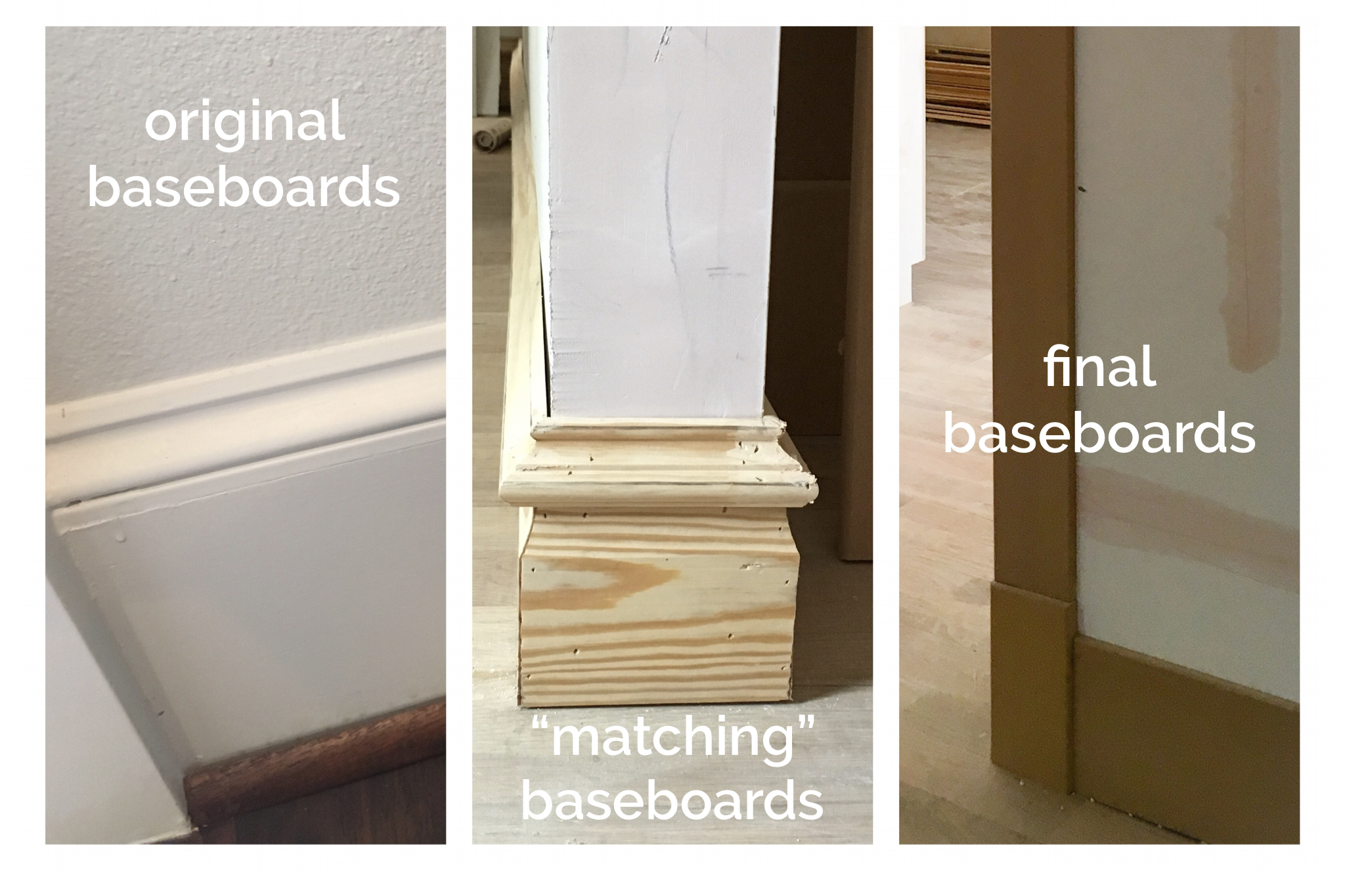 Third time was the charm on baseboards. Trim carpenter's first attempt at matching to original baseboards not shown. We finally decided to just simplify.
