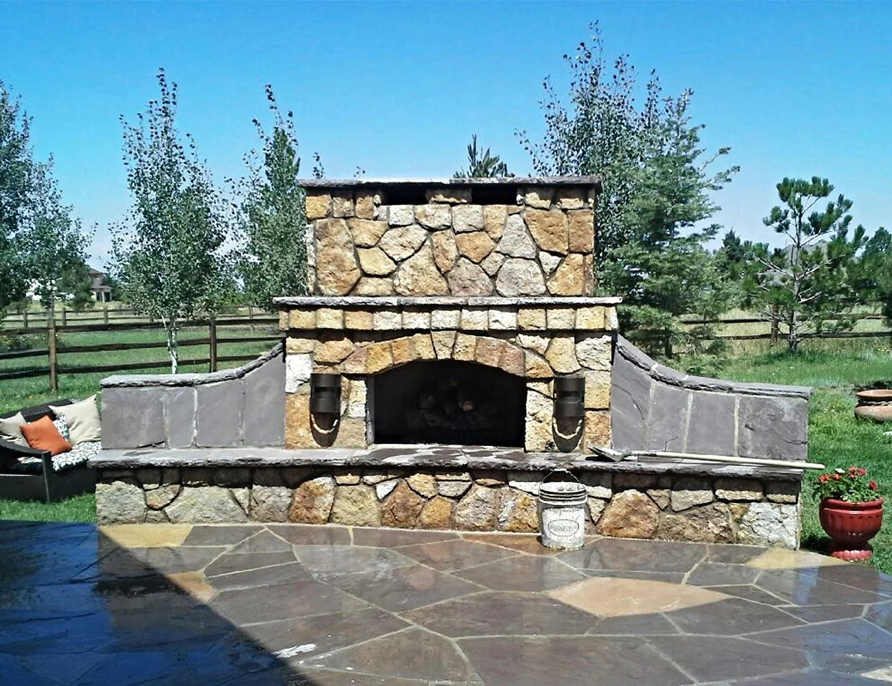 Outdoor Fireplace with Veneer. 