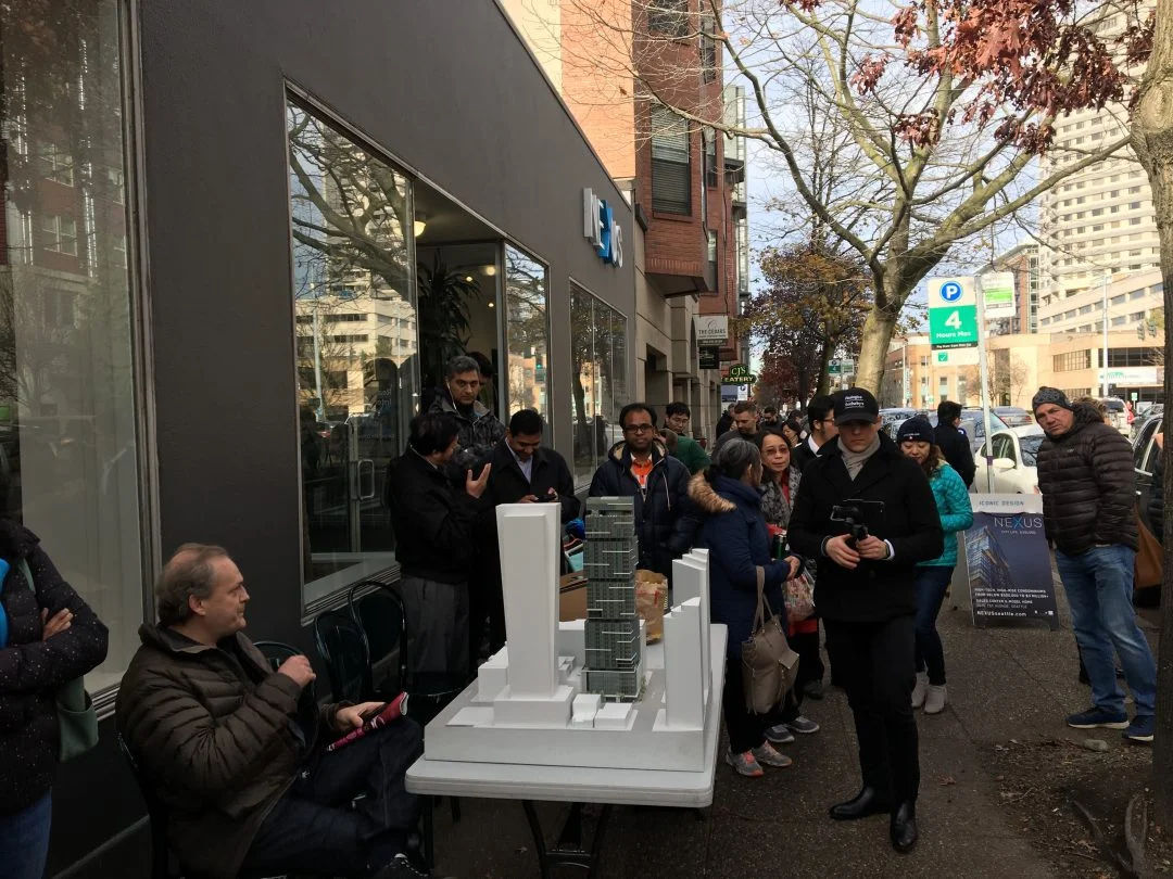 Above: Prospective buyers began lining up early, and some even camped out overnight. Below: RSIR Broker Austin Schneider shared a snap of the line as he arrived early in the morning.