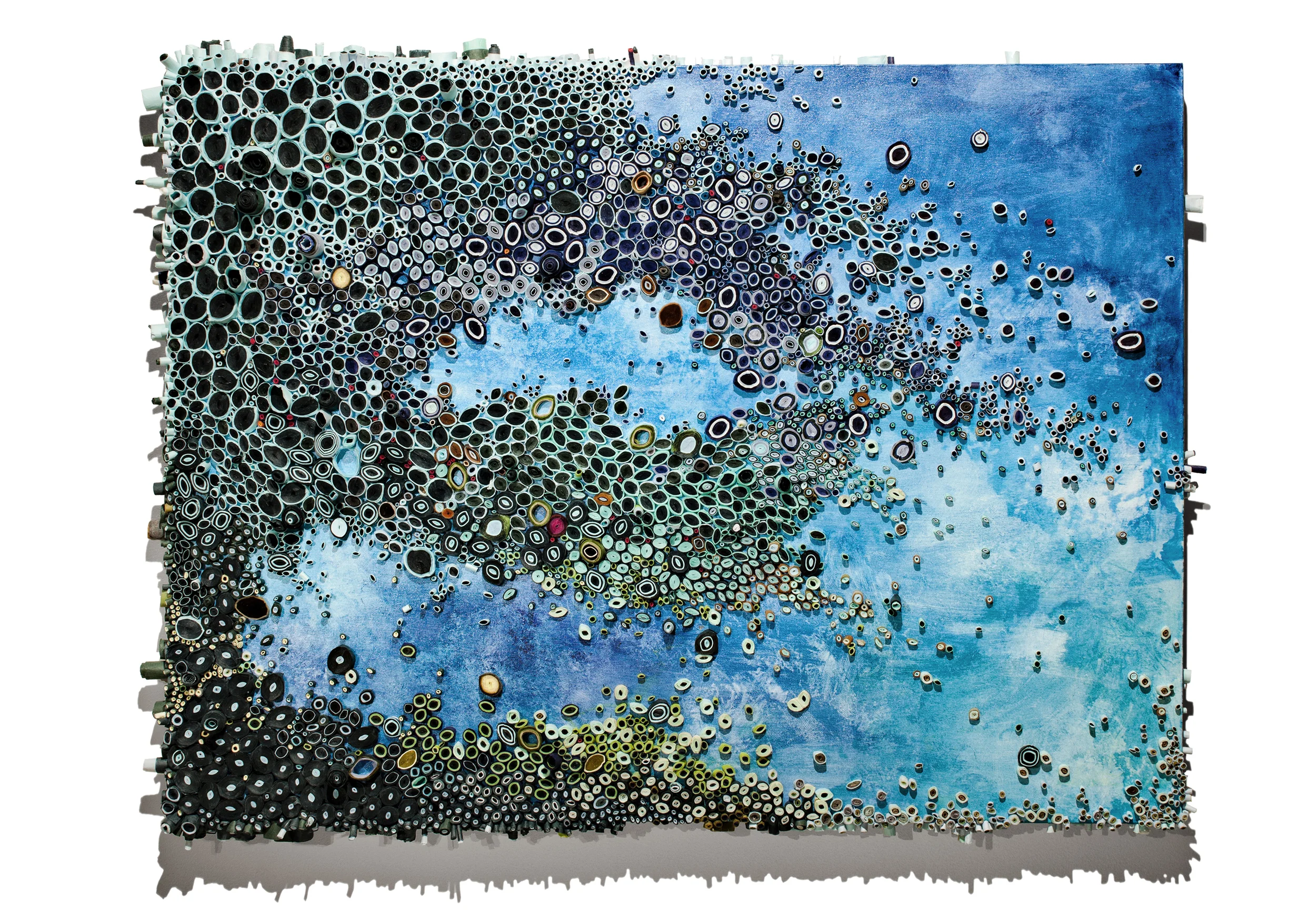 "Float" by Amy Genser. Paper and acrylic on masonite, 46 x 72 x 5 inches