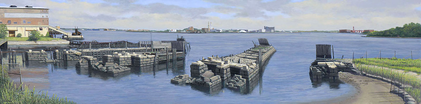 Oak Point, Bronx, 2015, oil/linen 20” x 78”
