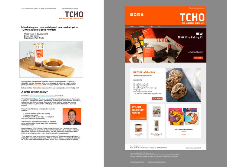 TCHO newsletter redesign. Left: before, right: redesign.