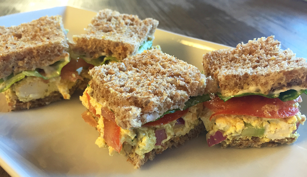 Perfect finger food for an Eggless Easter party: mini tofu egg salad sandwich sliders.
