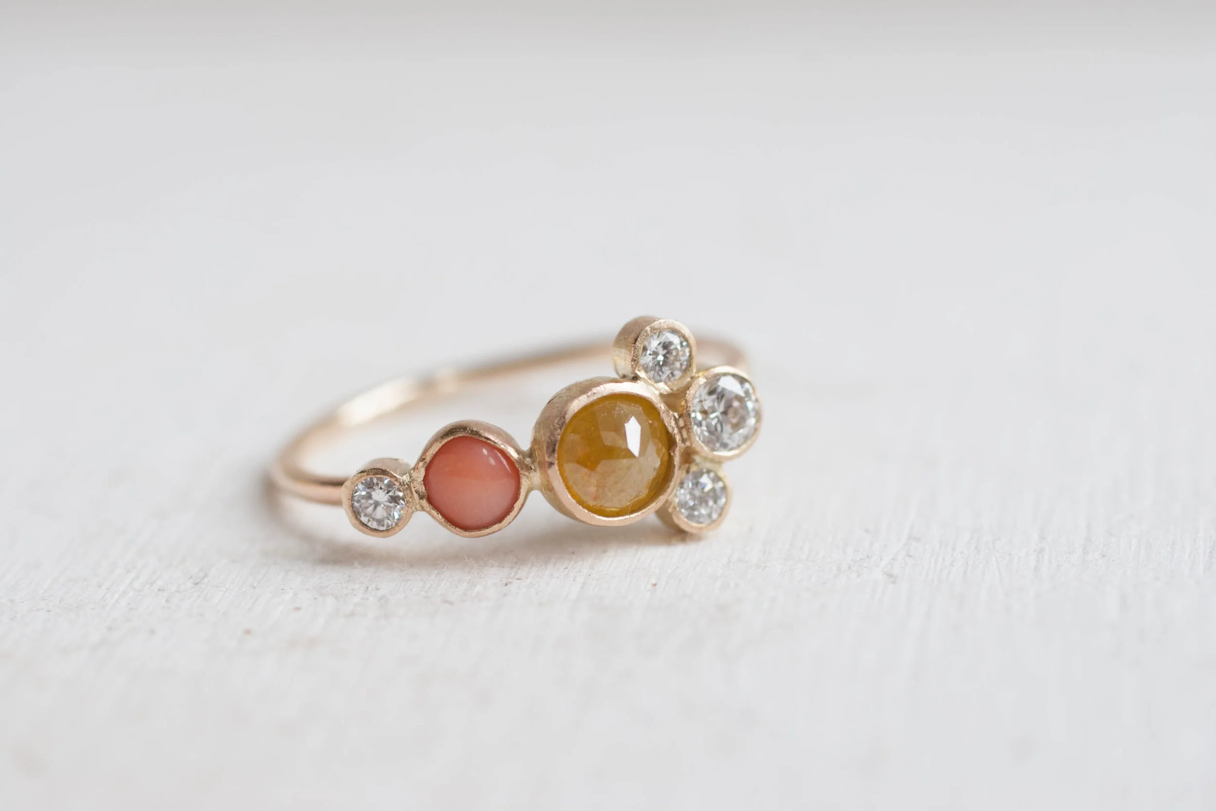 yellow diamond, coral, and diamond cluster ring-7.jpg