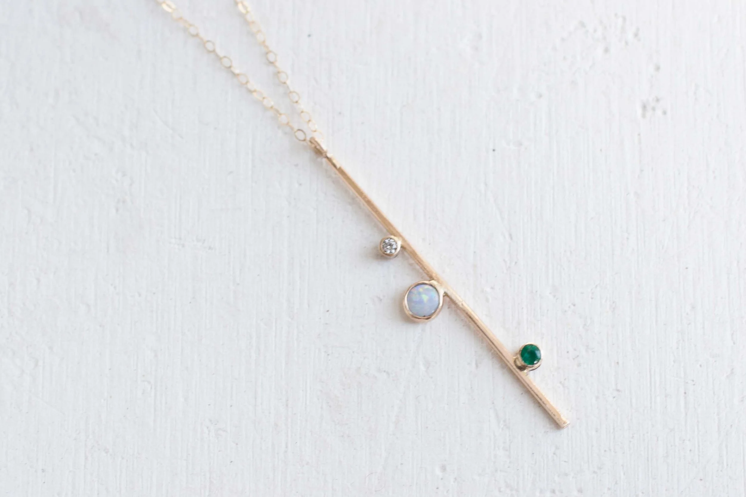 Opal, Emerald, + Diamond Bar Necklace 