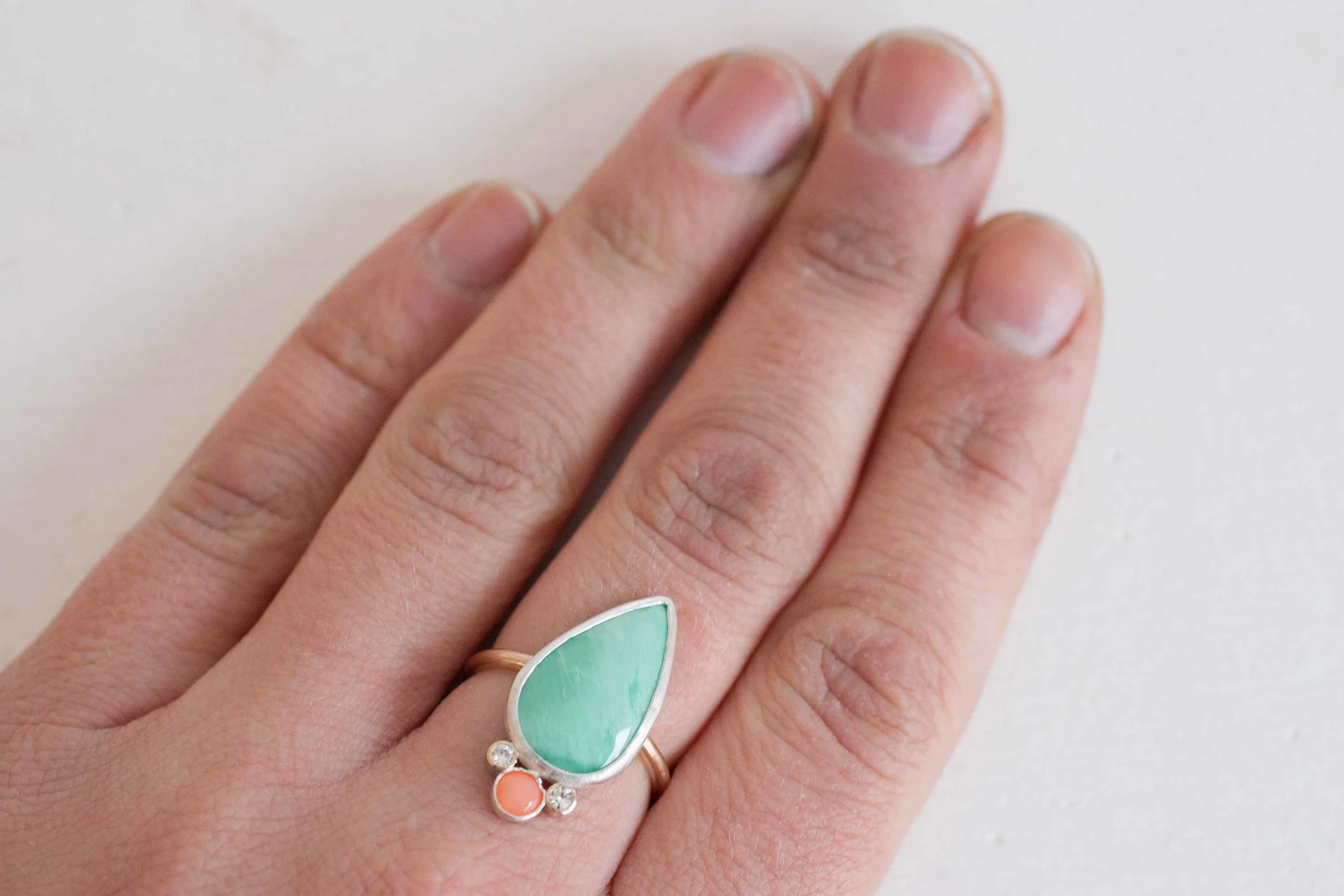 Variscite, Coral + Moissanite Ring-4.jpg