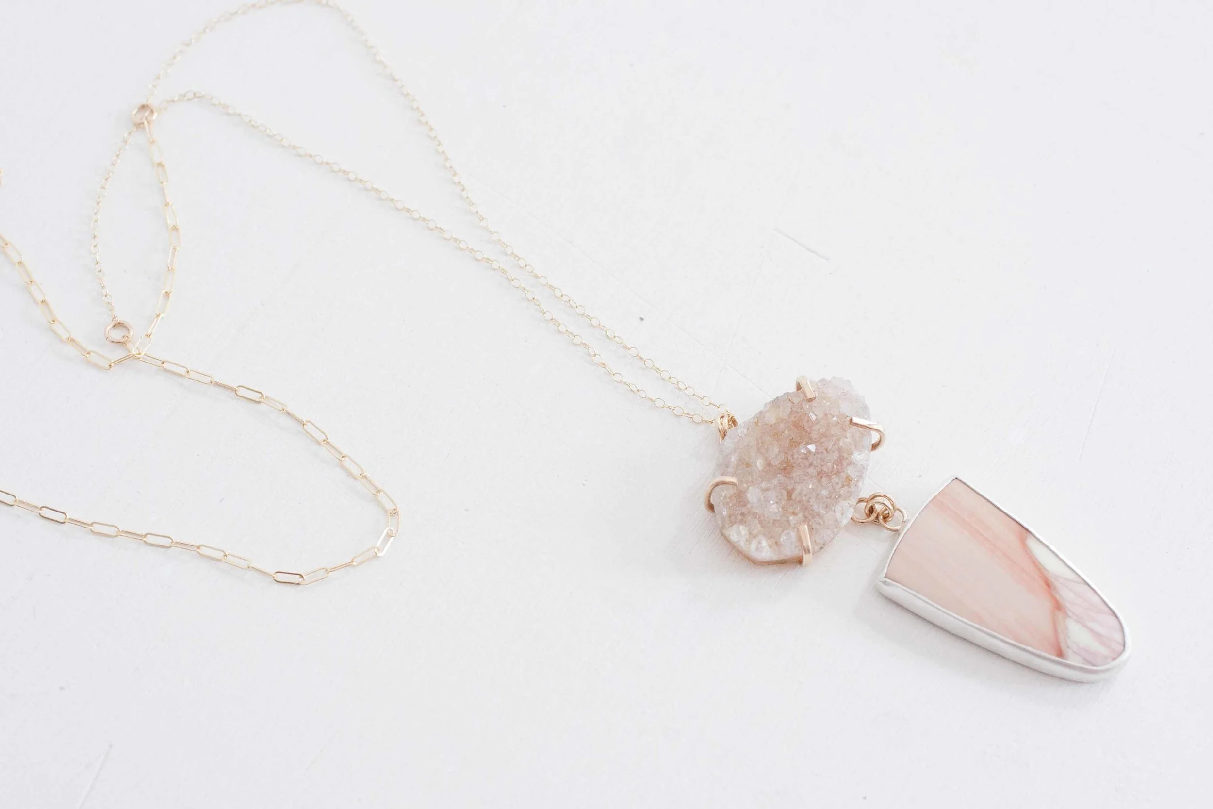 Grey Oval Druzy + Pink Willow Jasper One of a Kind Necklace-6.jpg