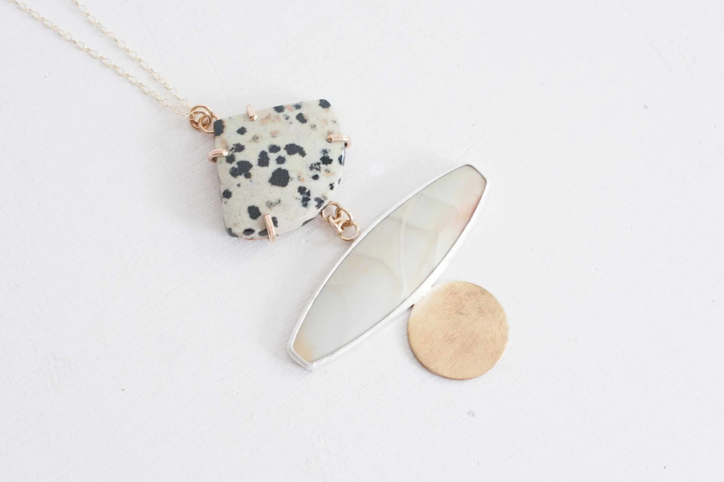 Dalmation Jasper, Willow Jasper + Brass Circle One of a Kind Necklace-1.jpg