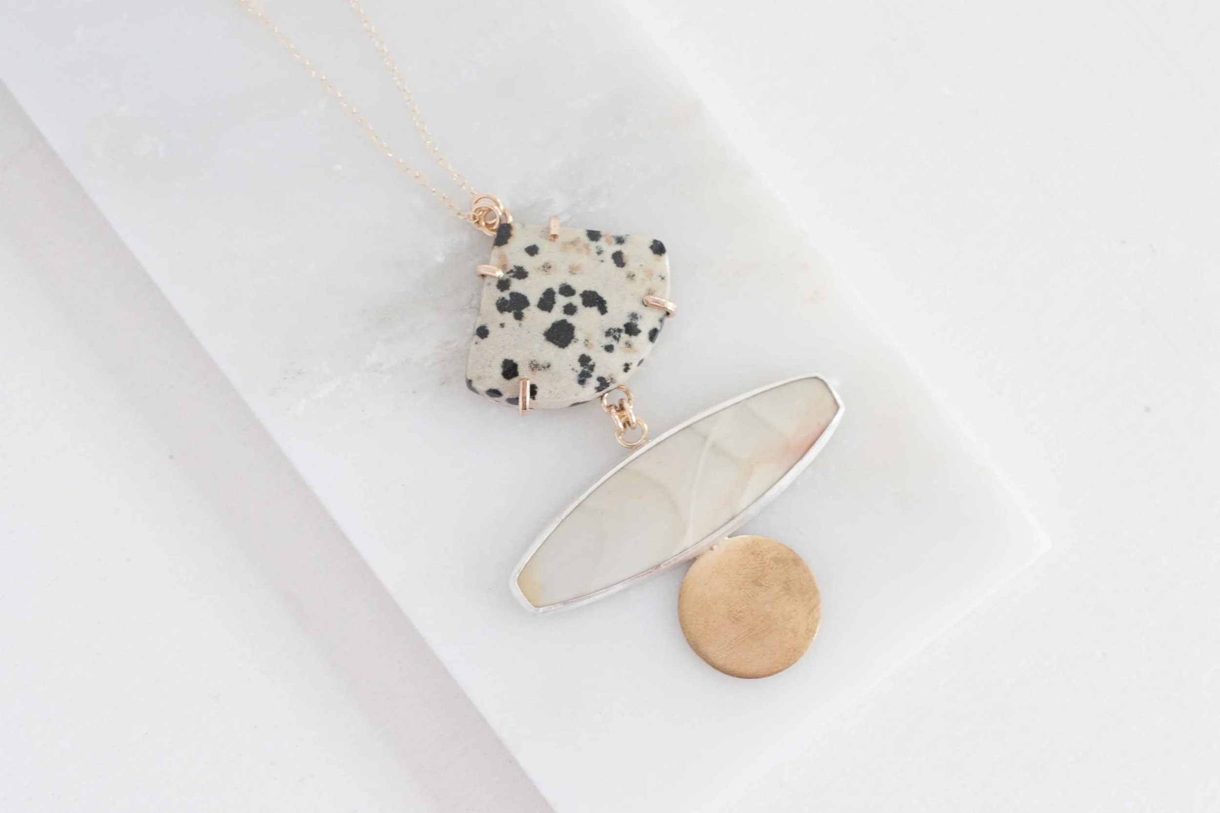 Dalmation Jasper, Willow Jasper + Brass Circle One of a Kind Necklace_-2.jpg