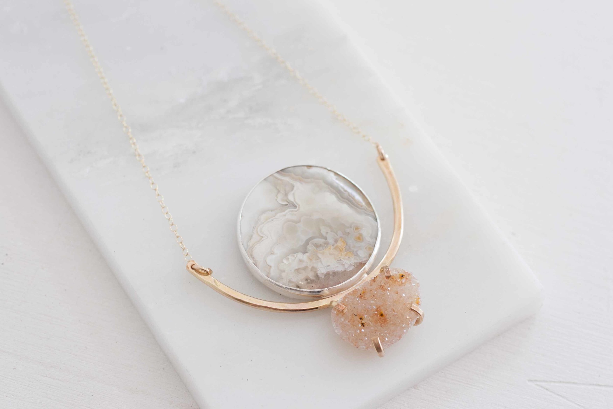 Round Agate + Freeform Druzy 14k Gold Fill Arc Necklace-2.jpg